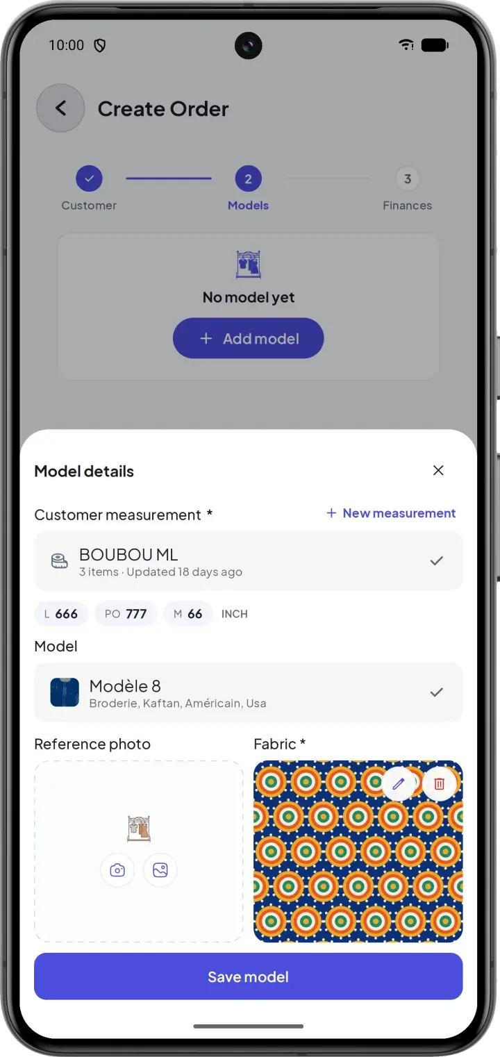 Order creation: garment with the customer's measurement, the model and the fabric photo