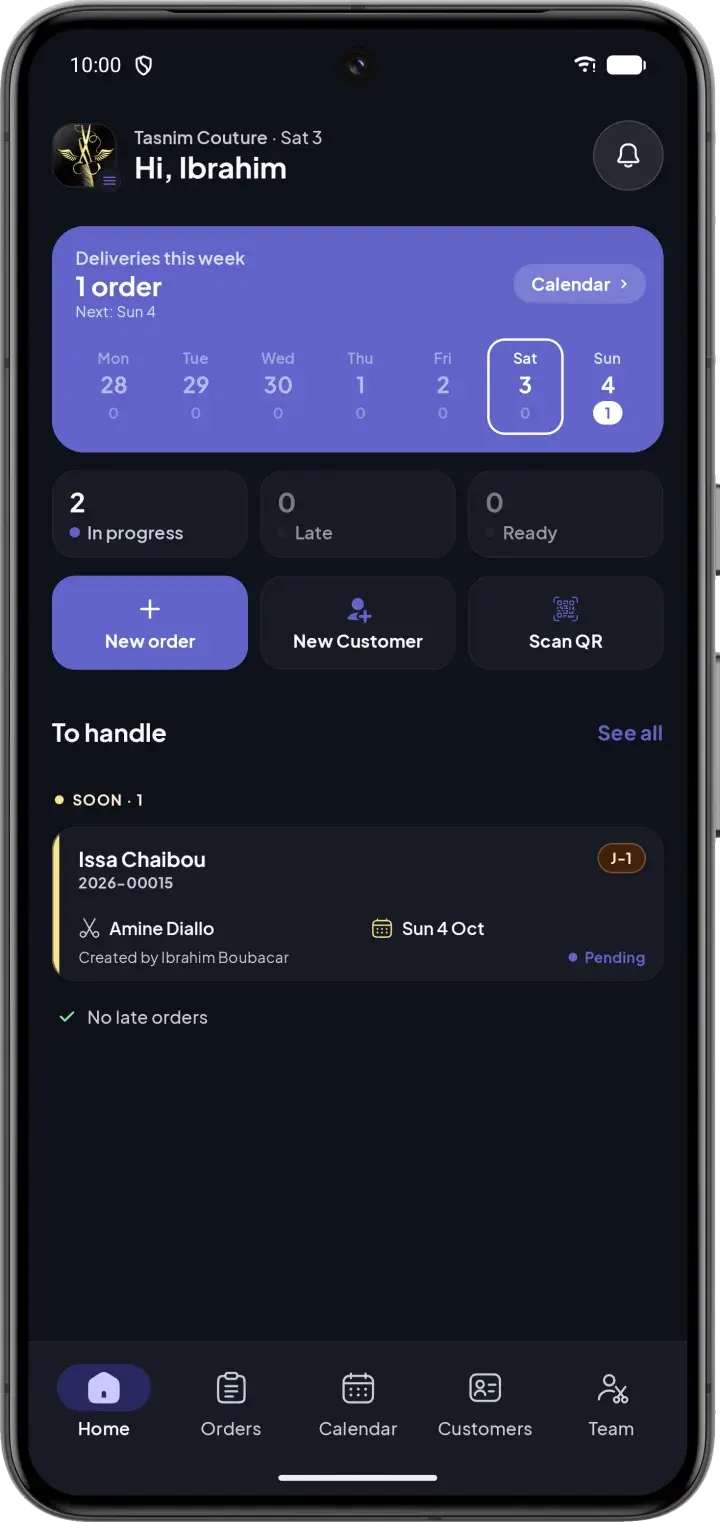 CouturApp dashboard showing urgent orders and today's deliveries