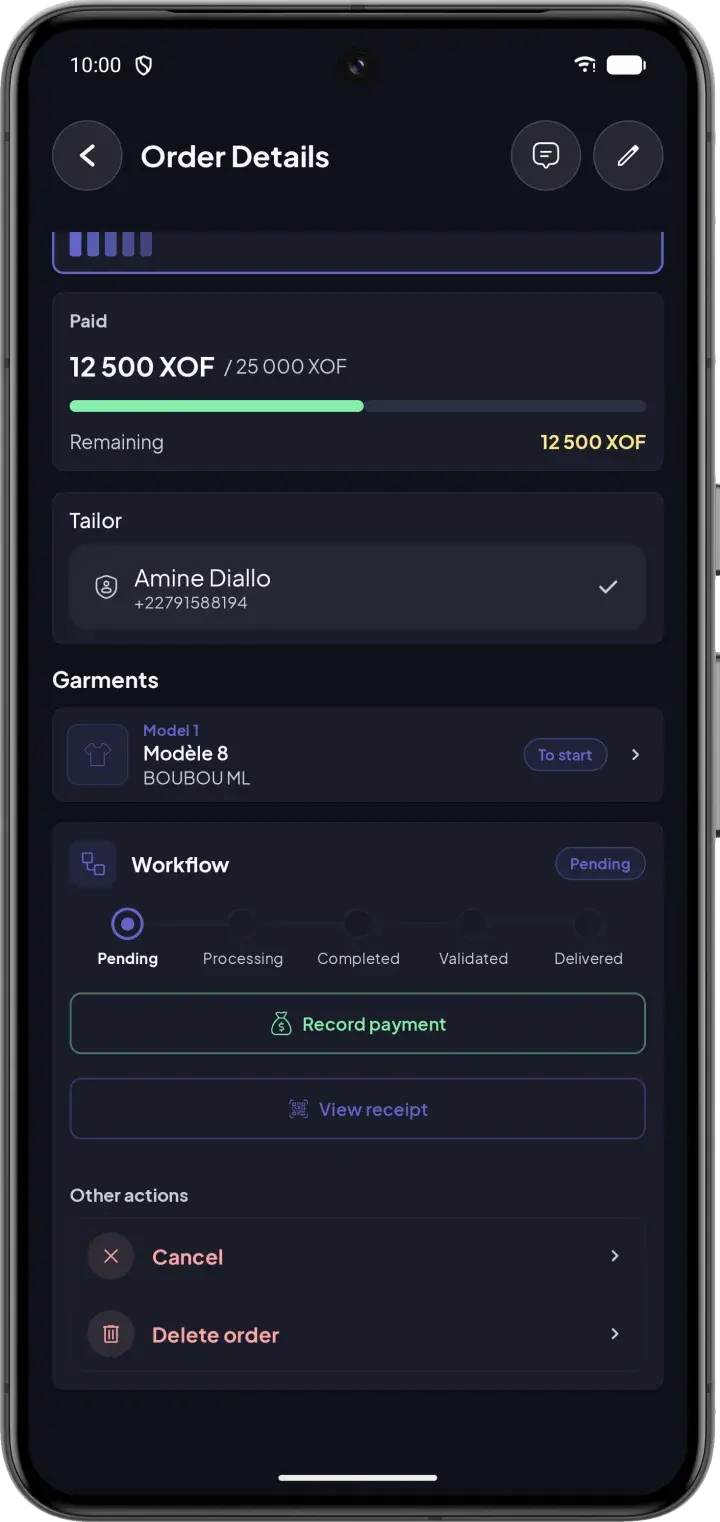 Order details with the workflow steps and payment recording