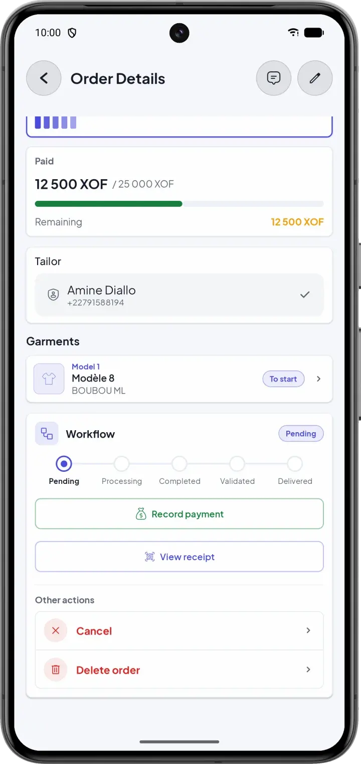Order details with the workflow steps and payment recording