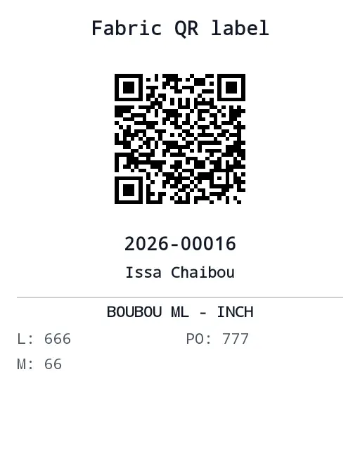 Printed fabric QR label with the order number, the customer and the cutting measurements