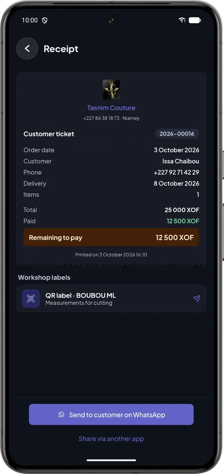Customer receipt with the workshop QR label and WhatsApp sending