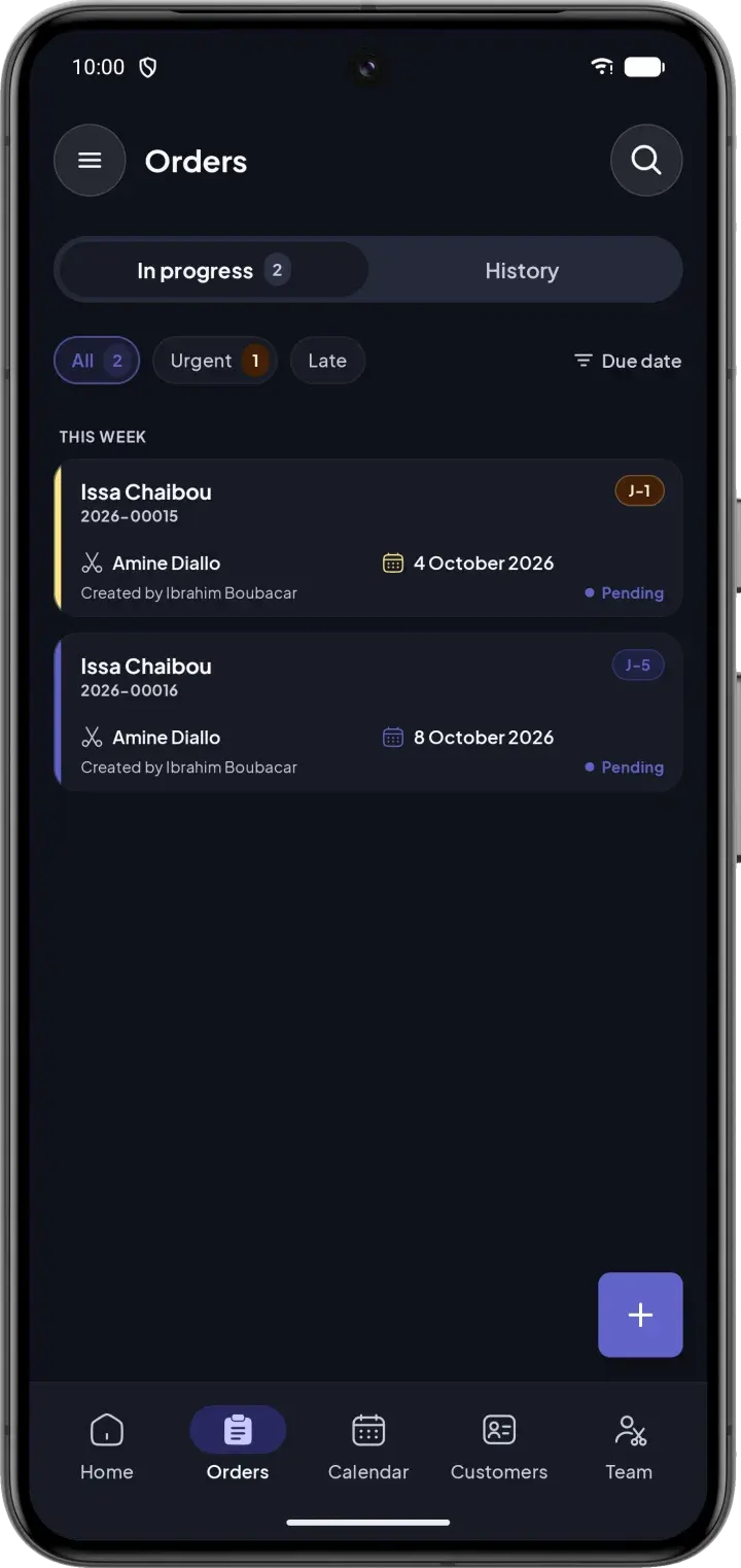 List of tailoring orders with their status and delivery date
