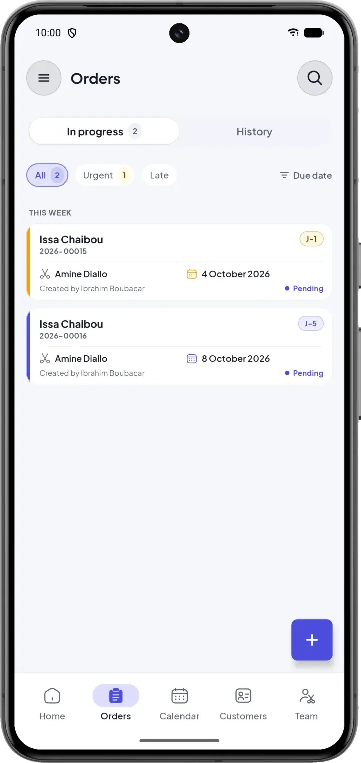 List of tailoring orders with their status and delivery date
