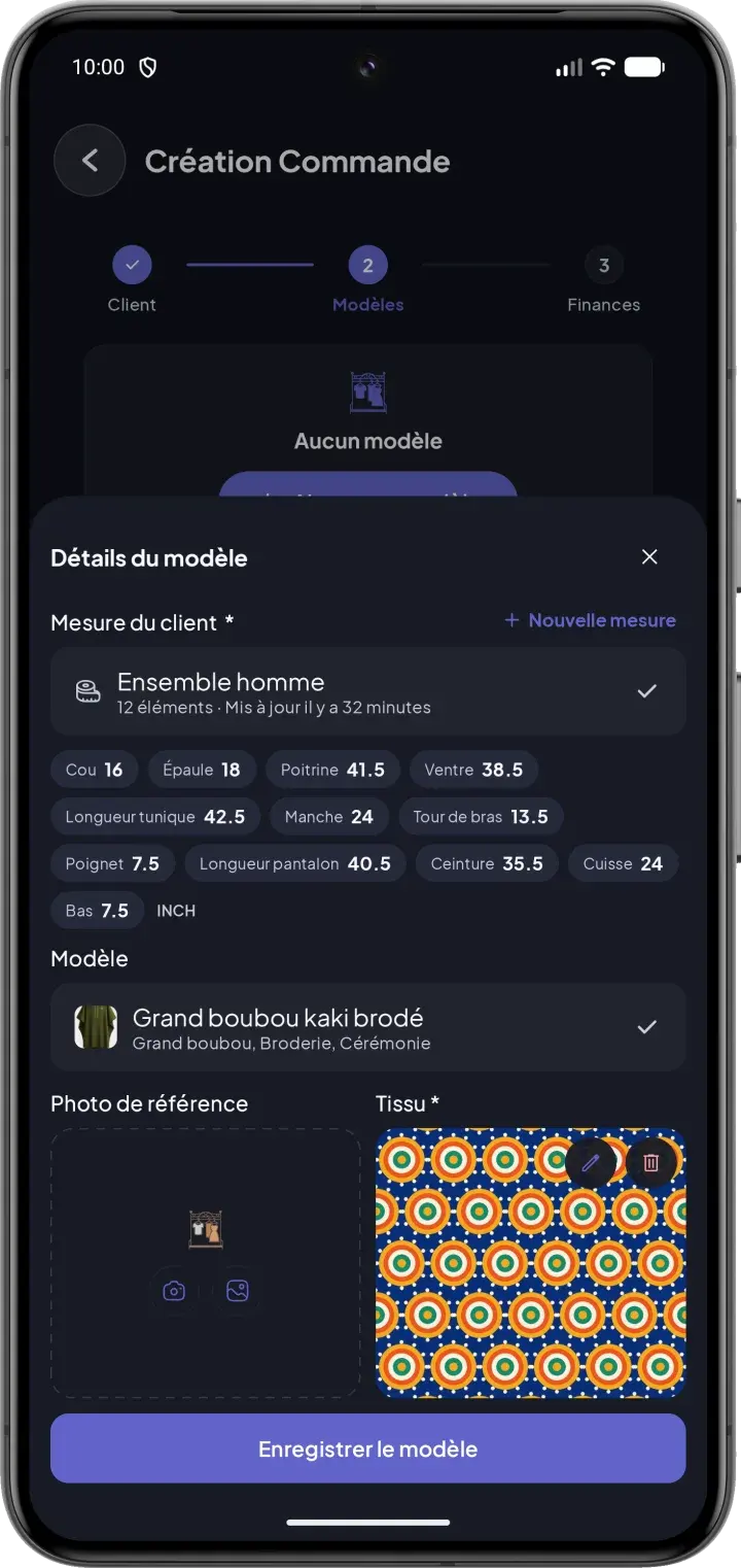 Création de commande : couture avec la mesure du client, le modèle et la photo du tissu