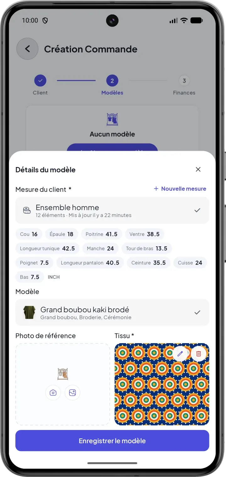 Création de commande : couture avec la mesure du client, le modèle et la photo du tissu