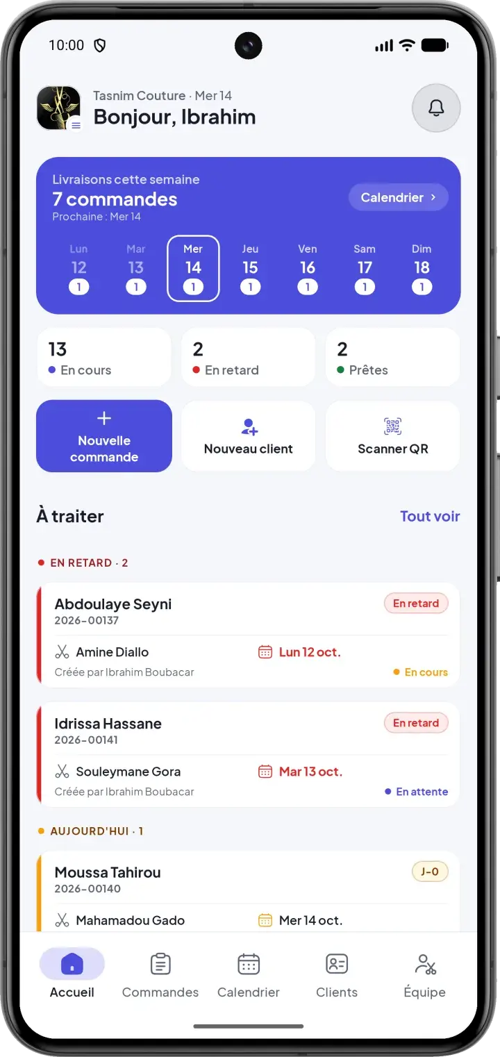 Tableau de bord CouturApp avec les commandes urgentes et les livraisons du jour