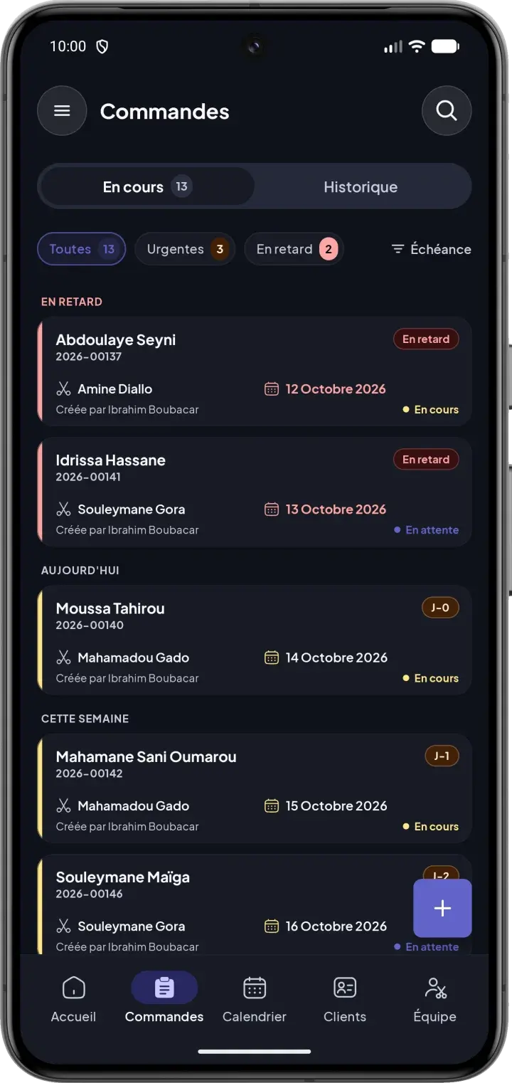 Liste des commandes de couture avec leur statut et leur date de livraison