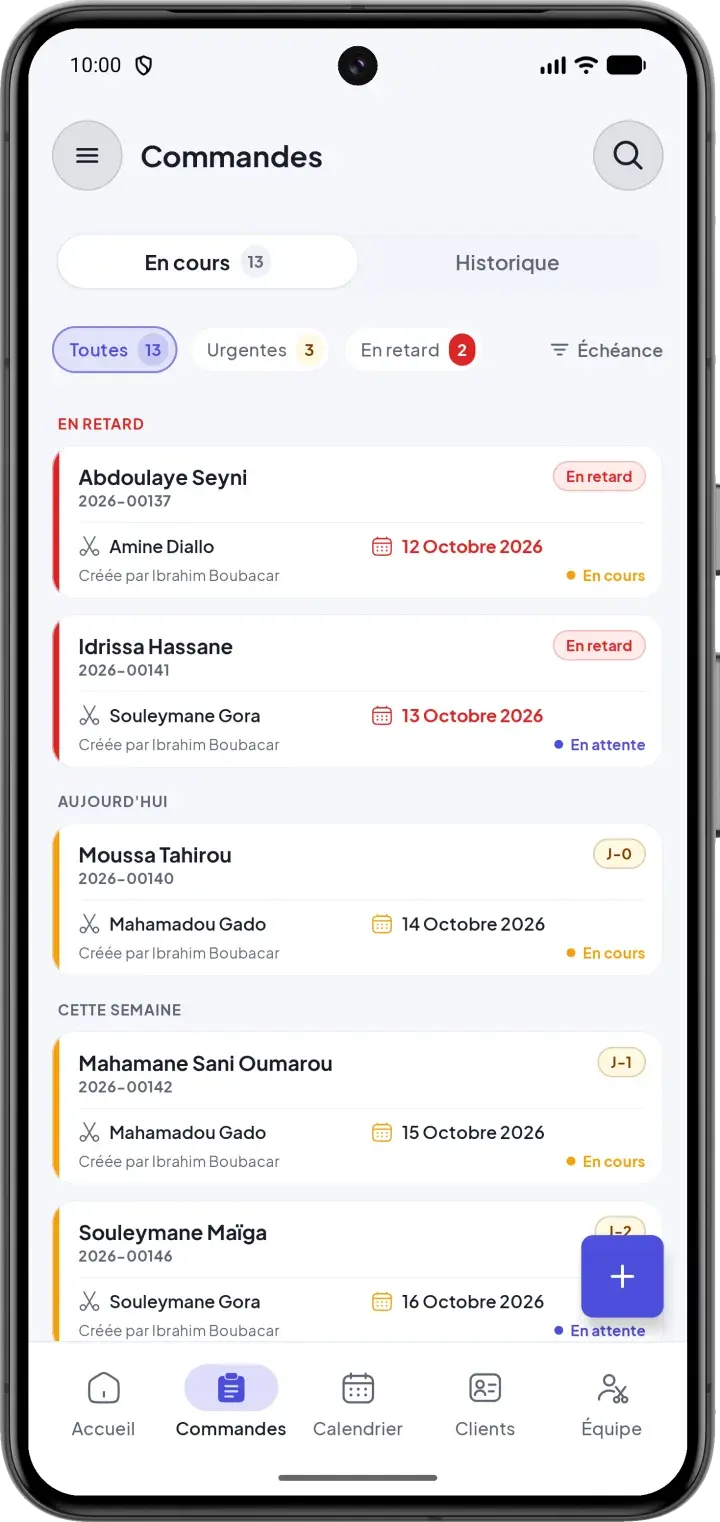 Liste des commandes de couture avec leur statut et leur date de livraison