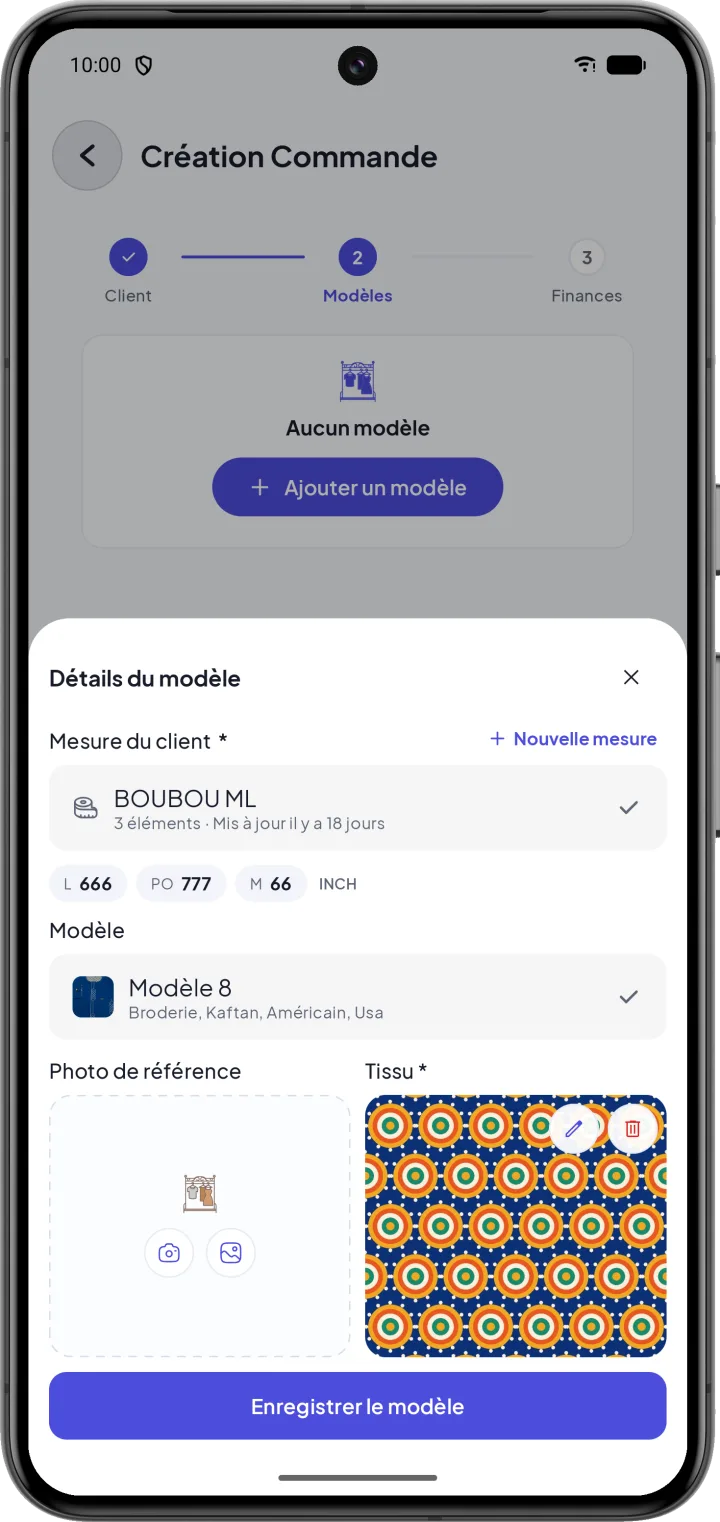 Création de commande : couture avec la mesure du client, le modèle et la photo du tissu