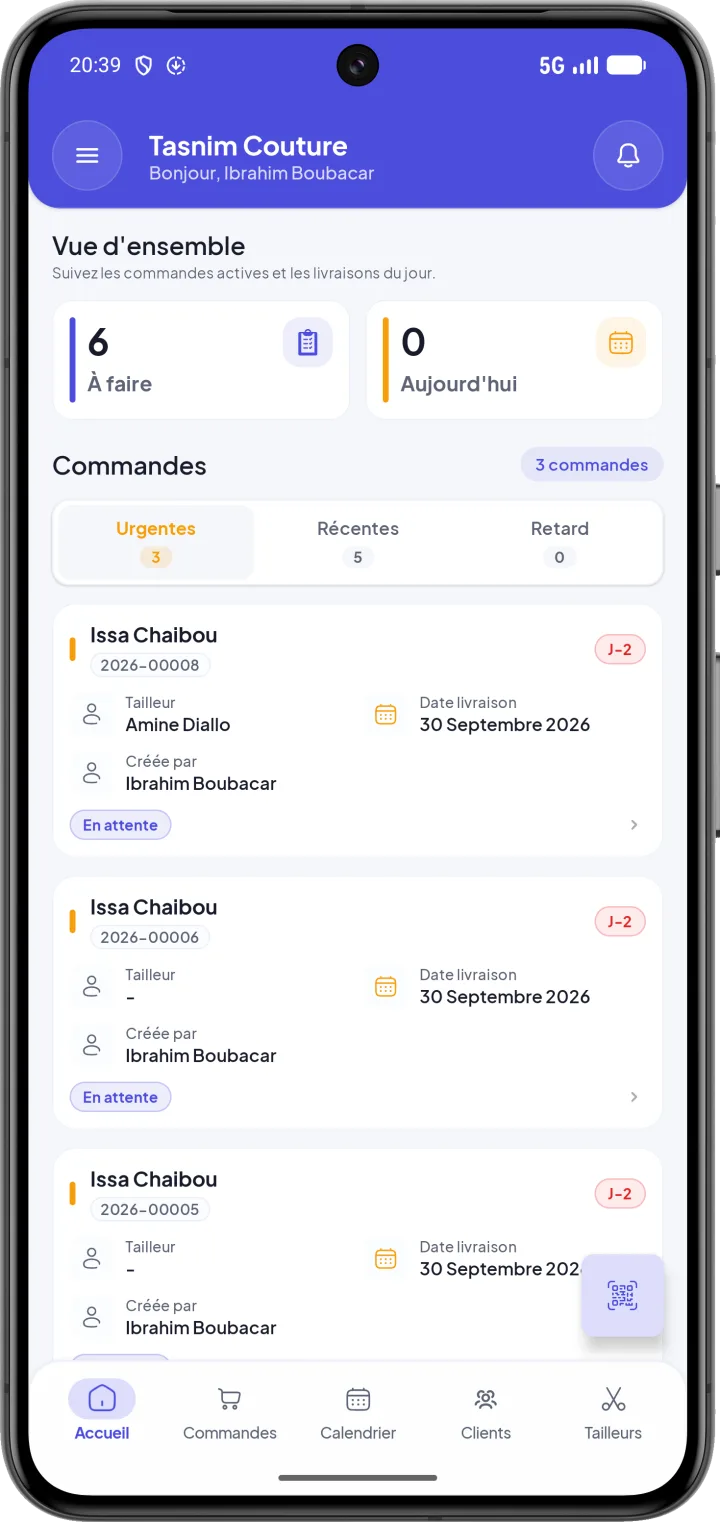 Tableau de bord CouturApp avec les commandes urgentes et les livraisons du jour