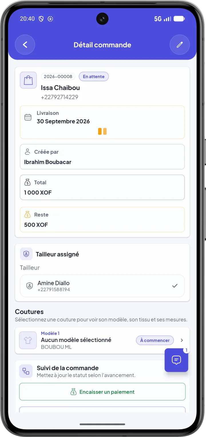 Détail d'une commande avec le tailleur assigné, le total et le reste à payer