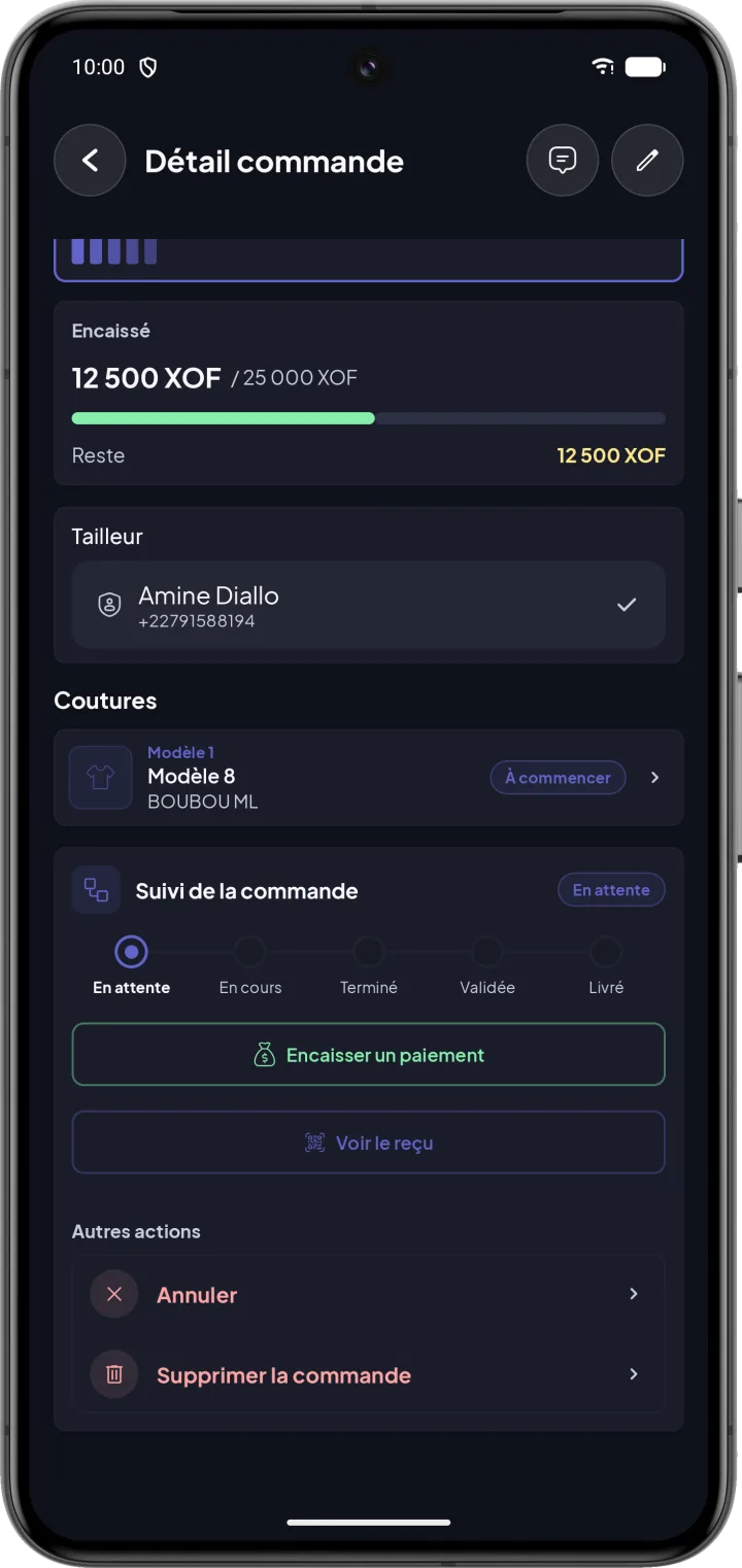 Détail d'une commande avec les étapes de suivi et l'encaissement