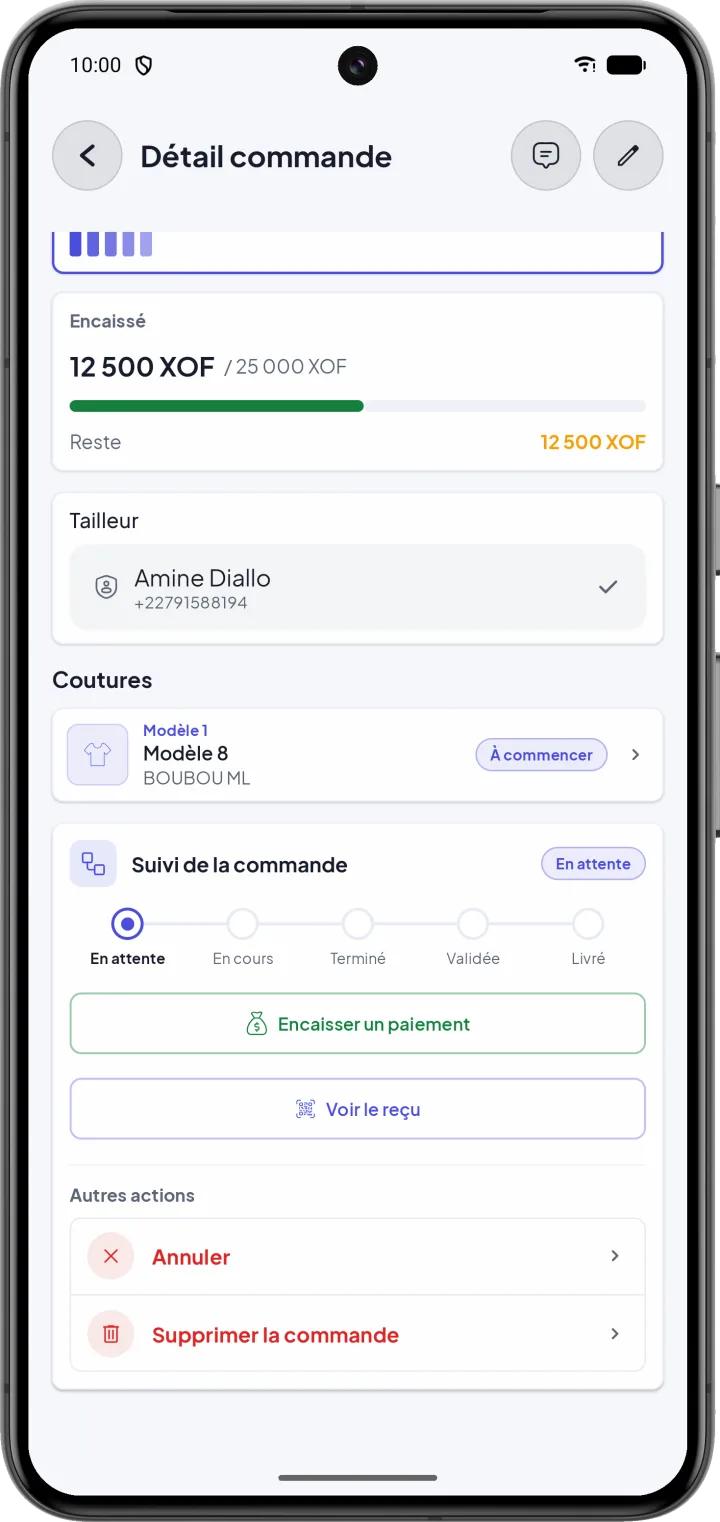 Détail d'une commande avec les étapes de suivi et l'encaissement