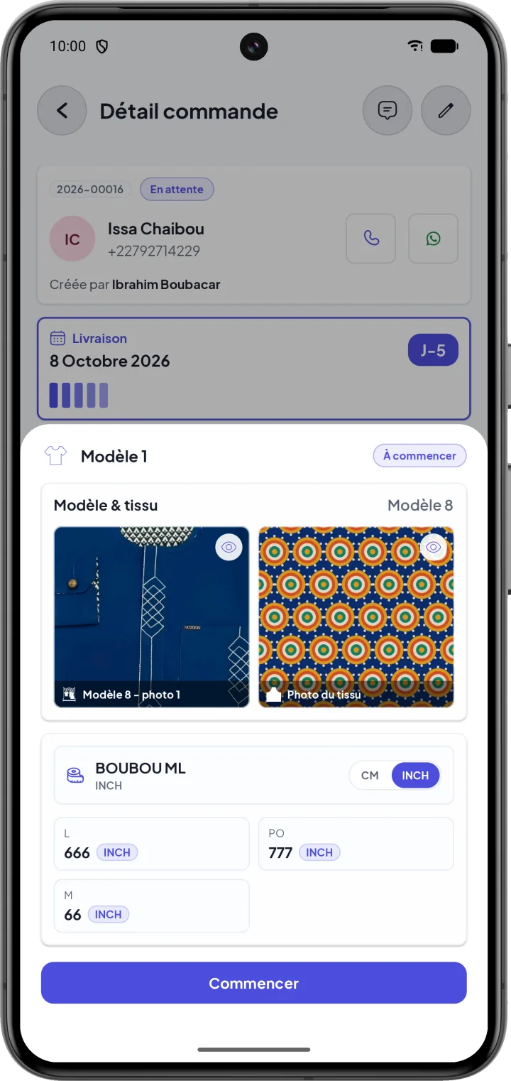 Fiche couture avec la photo du modèle, la photo du tissu et les mesures