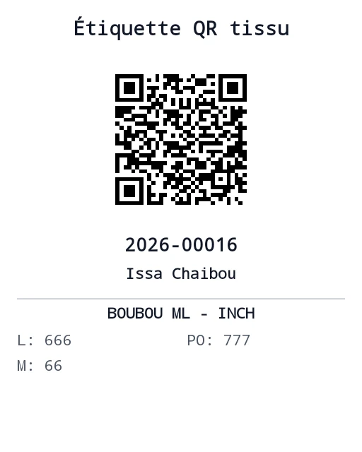 Étiquette QR tissu imprimée avec le numéro de commande, le client et les mesures de coupe
