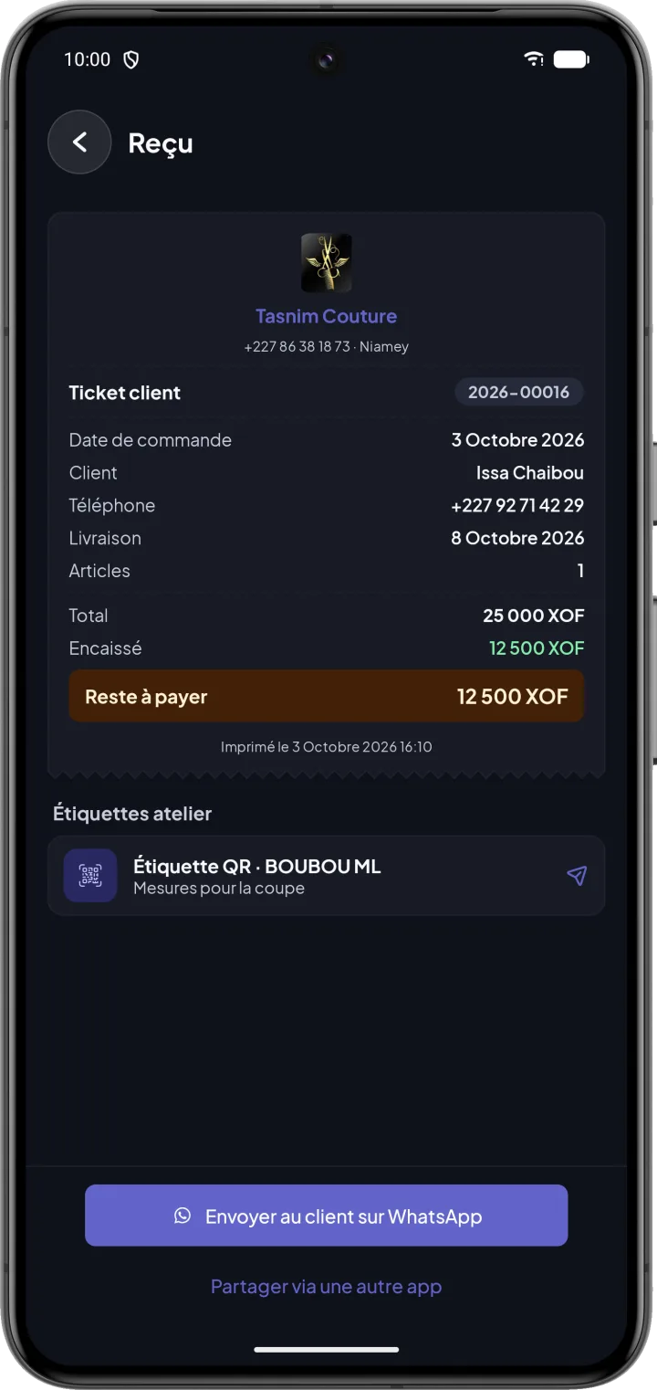 Reçu client avec l'étiquette QR atelier et l'envoi WhatsApp