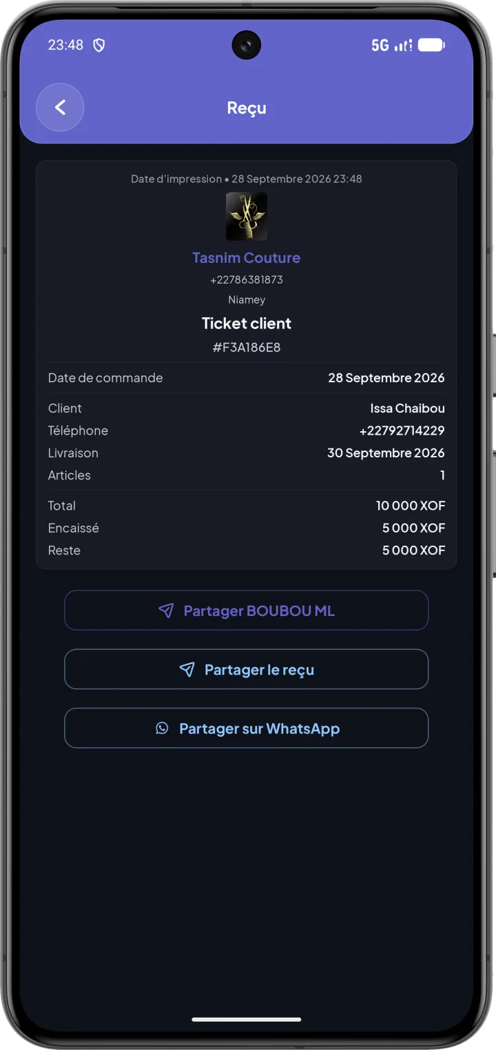 Reçu client avec les options de partage