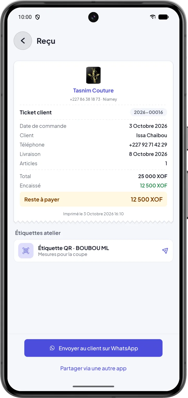 Reçu client avec l'étiquette QR atelier et l'envoi WhatsApp