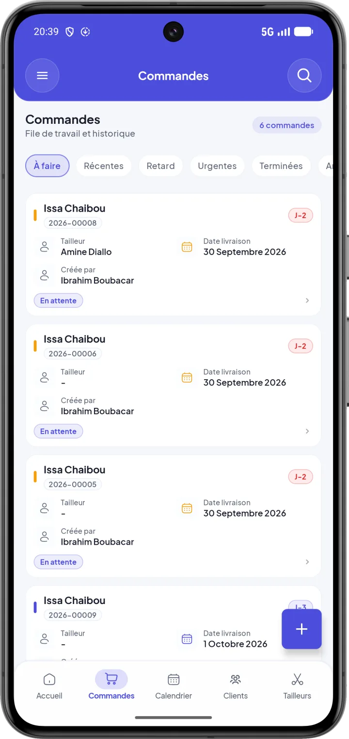 Liste des commandes de couture avec leur statut et leur date de livraison