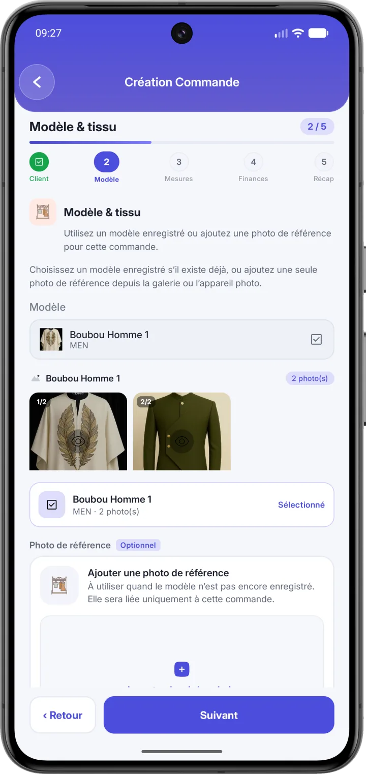 Création de commande, étape modèle et tissu