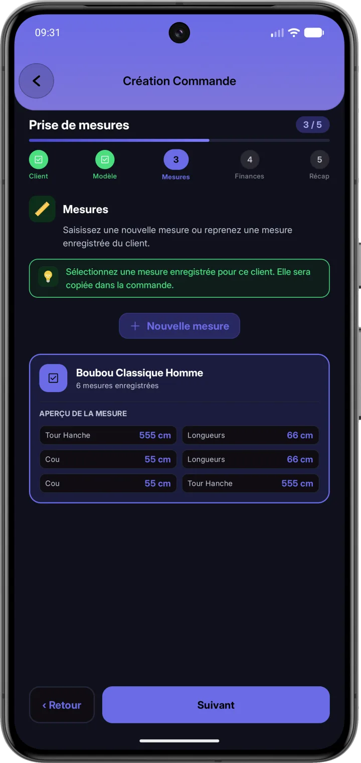 Sélection d'un profil de mesures enregistré pour une commande