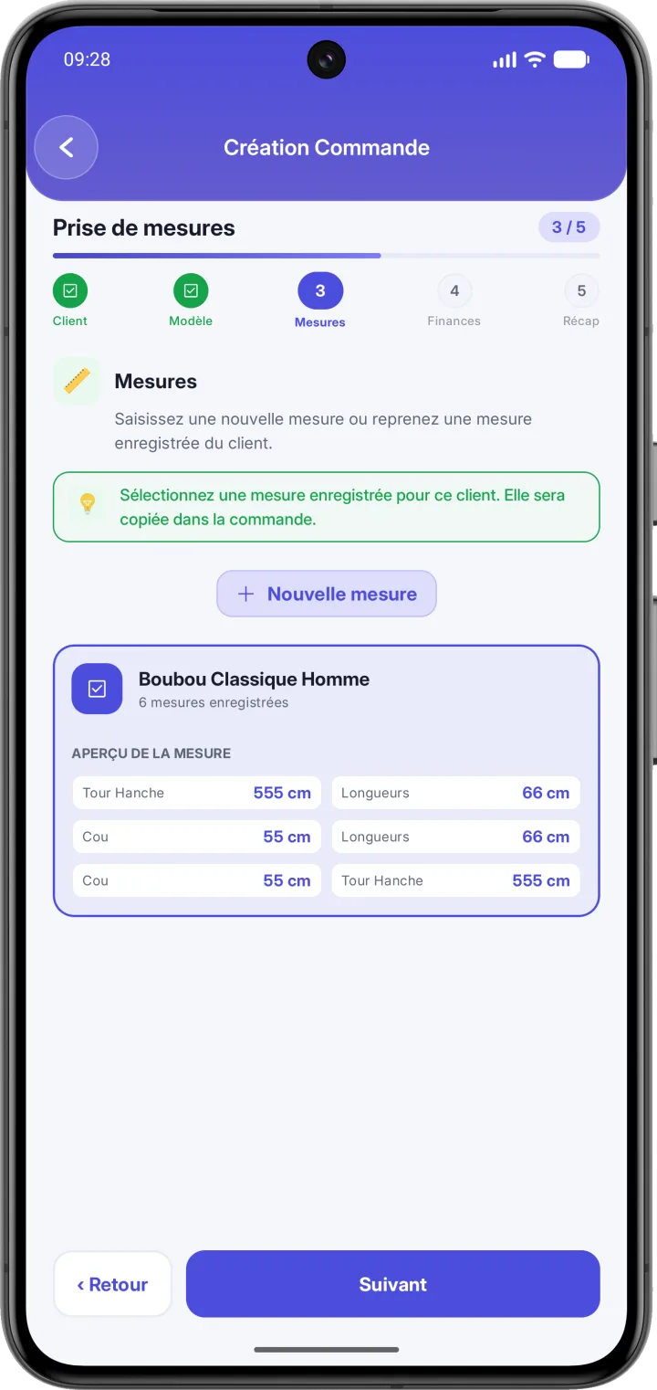 Sélection d'un profil de mesures enregistré pour une commande