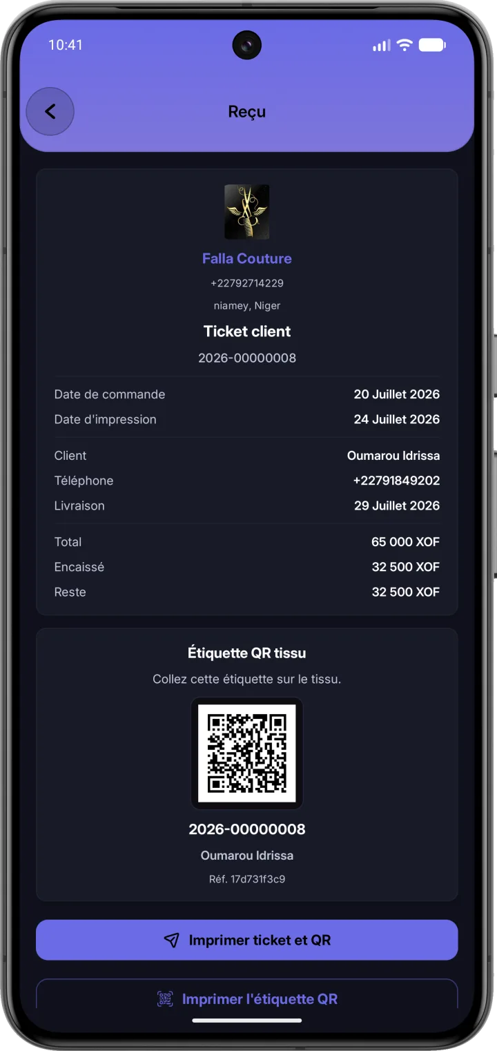Reçu client avec l'étiquette QR du tissu