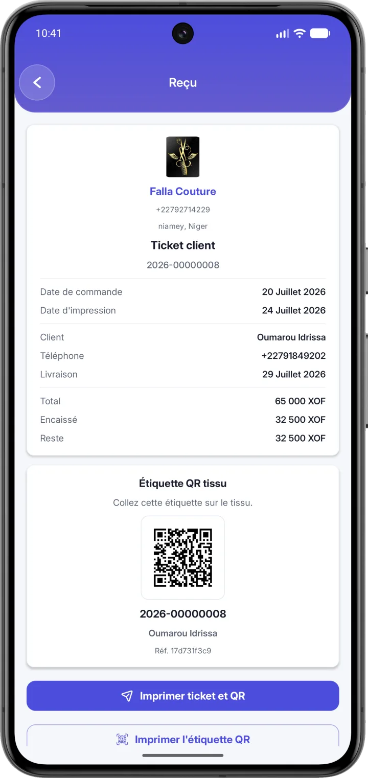 Reçu client avec l'étiquette QR du tissu